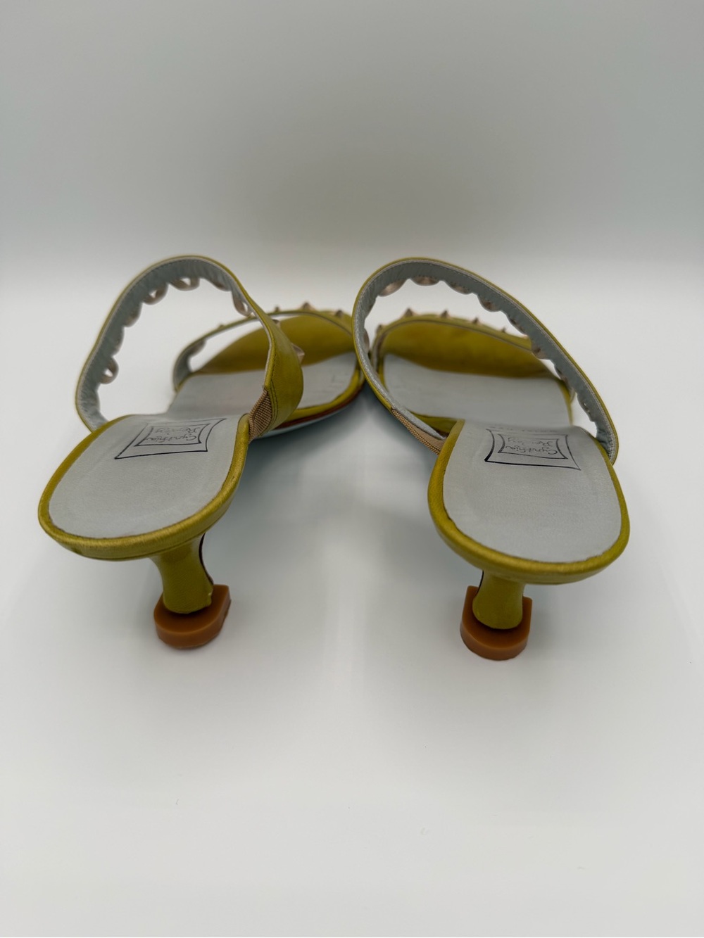 Cynthia Rowley Olive Green Slide Heels with Beige Stud Trim - Picture 4 of 5